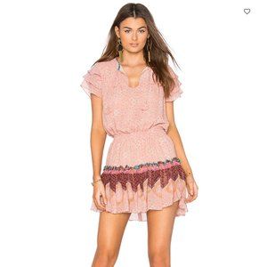 Misa Suri Mini Printed Dress Womens XS Pink Floral Smocked Elastic Waist V-Neck